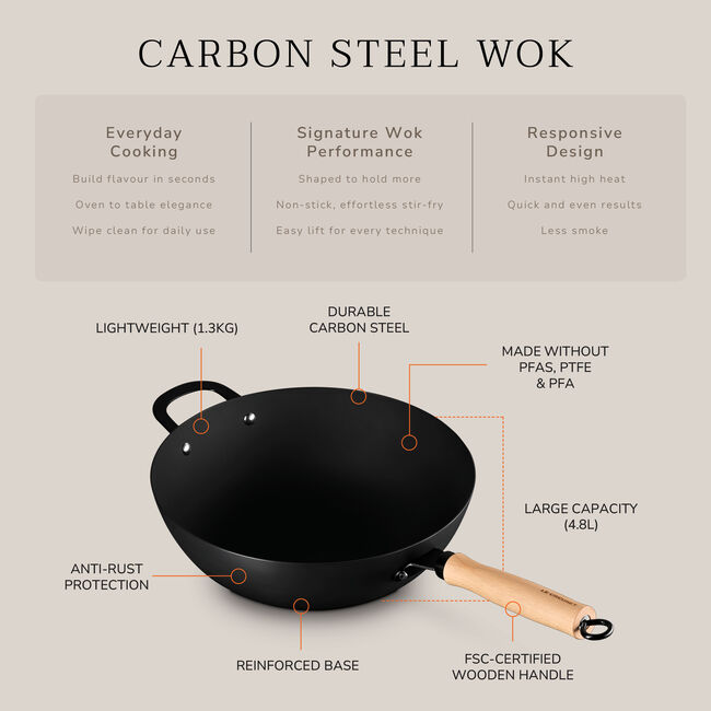 Le Creuset Carbon Steel Wok with Glass Lid & Wooden Handle 30cm image number 2